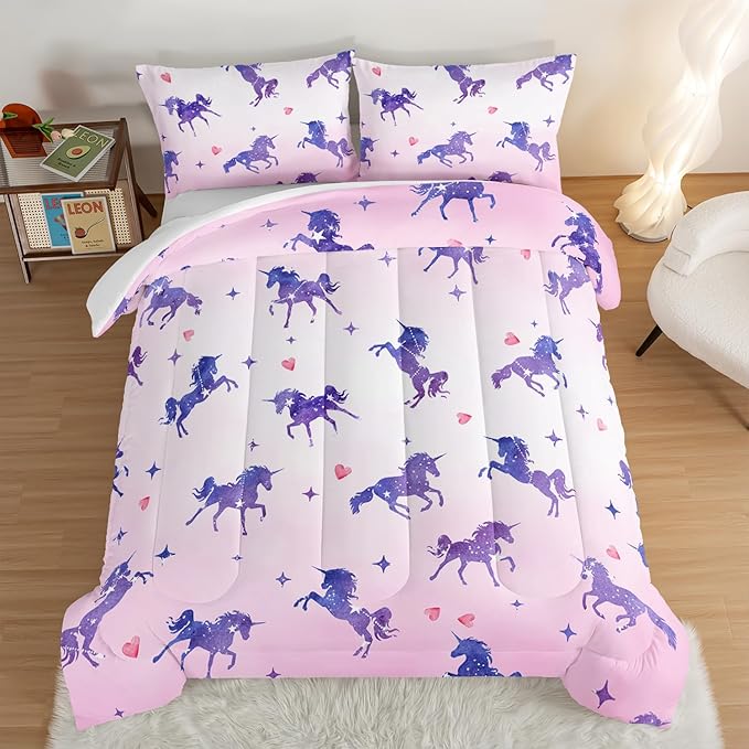 HOSIMA Kawaii Unicorn Comforter,Purple Unicorn with Stars and Love Heart Princess Toddler Bedding Set-Soft Microfiber Twin Bed in a Bag,Fairycore Room Decor Pink Twin Comforter with 2 Pillowcases.