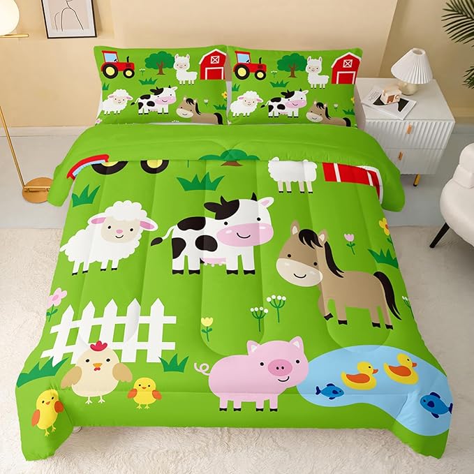 Farm Animal Comforter,Pig Cow Sheep Comforter Set for Kids Teens Girls Boys,3Pcs Bedding Set Printed Comforter with 2 Pillowcases,Down Alternative,Soft and Lightweight，Full Size