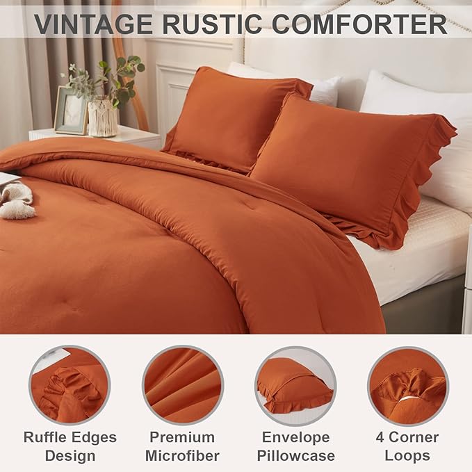 Andency Terracotta Ruffle Comforter Full(79x90Inch), 3 Pieces(1 Ruffled Comforter and 2 Pillowcases) Solid Farmhouse Shabby Chic Comforter, Vintage Rustic Soft Microfiber Bedding Set