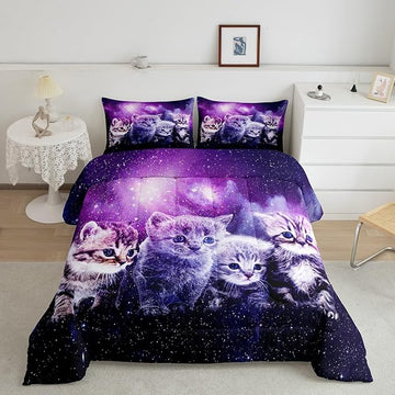 Cat Comforter Cute Pet Cats Pattern Bedding Set Outer Space Kawaii Kitten Comforter Set for Children Kids Boys Girls Cartoon 3D Animal Theme Galaxy Duvet Set Purple Room Decor Quilt Set King Size