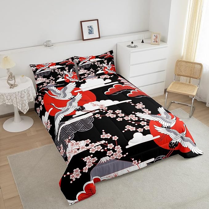 Japanese-Style Comforter Set King Size Pink Cherry Blossoms Bedding for Boys Girls Women Soft Microfiber 3 Pieces Quilted Duvet Ukiyoe Theme Down Comforter Japanese Traditional Pattern Quilt