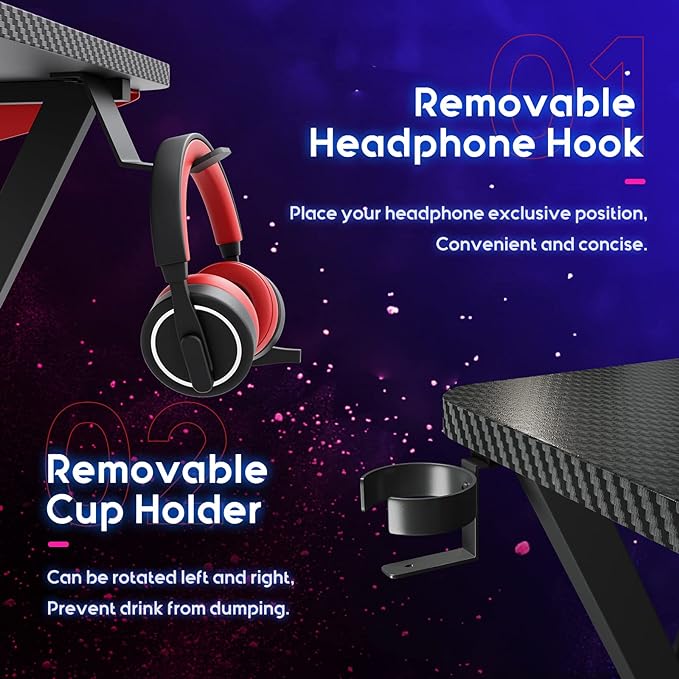 MOTPK L Shaped Gaming Desk 66 Inch, Gaming Computer Desk L Shape with Carbon Fiber Surface, Gamer Desk Gaming Table with Monitor Shelf, Cup Holder & Headphone Hook, Black