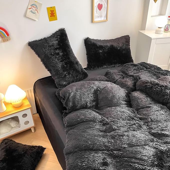 Faux Fur Kids Girls Black Comforter Sets King - 3PC Bed Set Warm Comfortable Soft Plush Flannel Velvet Fluffy Fuzzy Bedding（Comforter x 1 Pillowcases x 2）