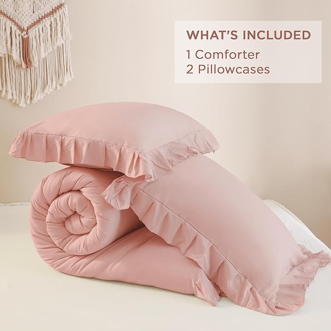 Andency Blush Pink California King Comforter Set, 3 Pieces Oversized Farmhouse Shabby Chic Bed Ruffle Comforter, Cal King Lightweight Soft Microfiber Bedding Set