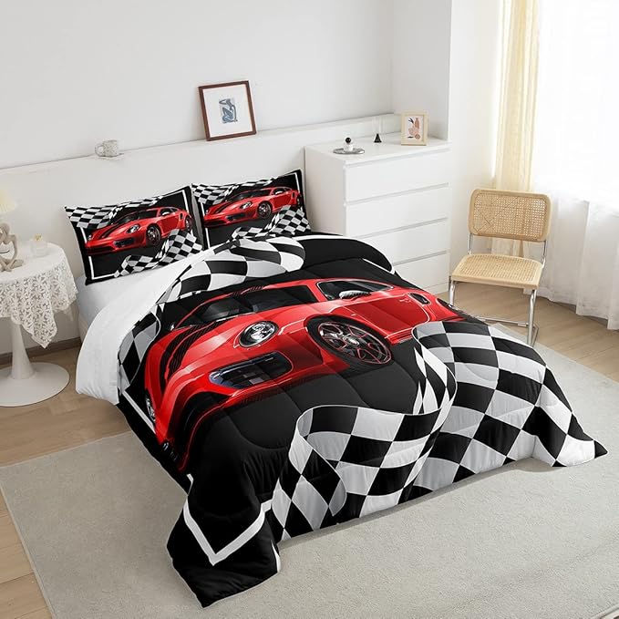 Red Race Car Comforter Set Queen Size, Black White Plaids Geometric Bedding Set 3pcs for Kids Teens Boys Men Room Decor,Extreme Sports Games Racing Flags Quilt Set,2 Pillowcases