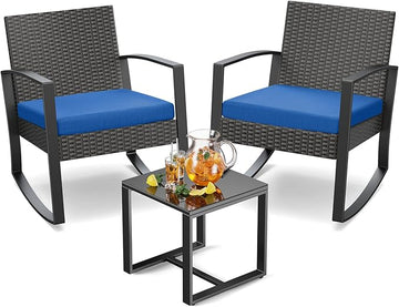 Patio Furniture Set 3 Pieces, Rattan Rocking Patio Chairs, Modern Outdoor Bistro Table and Chairs Conversation Set for Balcony Porch Garden Yard Poolside, Blue