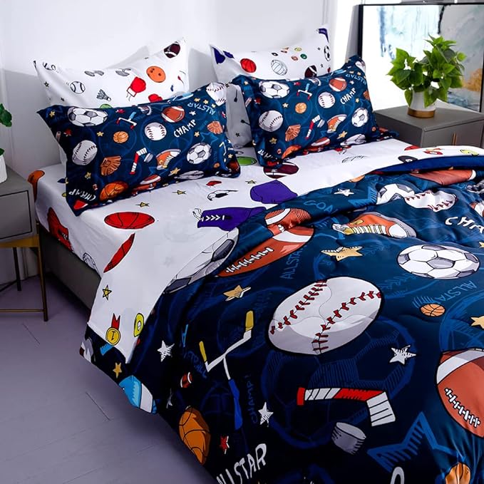 Wajade Sports Comforter Set Bed in A Bag Full Size 7 Piece 3D Soccer Basketball Baseball Football Bedding Set for Kids Boys (1 Comforter, 1 Flat Sheet, 1 Fitted Sheet, 2 Pillowcase and 2 Pillow Sham)