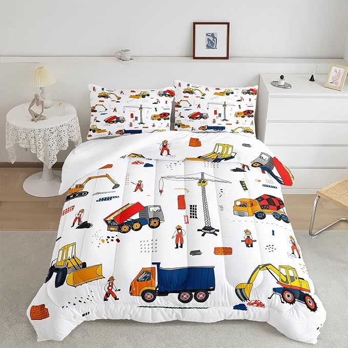 CVHOUSE Tractor Bedding Sets for Boys,Excavators Comforter Twin,Boys Cartoon Truck Comforter Set,Trucks Tractors Cars Quilt Set with 1 Comforter and 2 Pillow Cases- 3 Piece