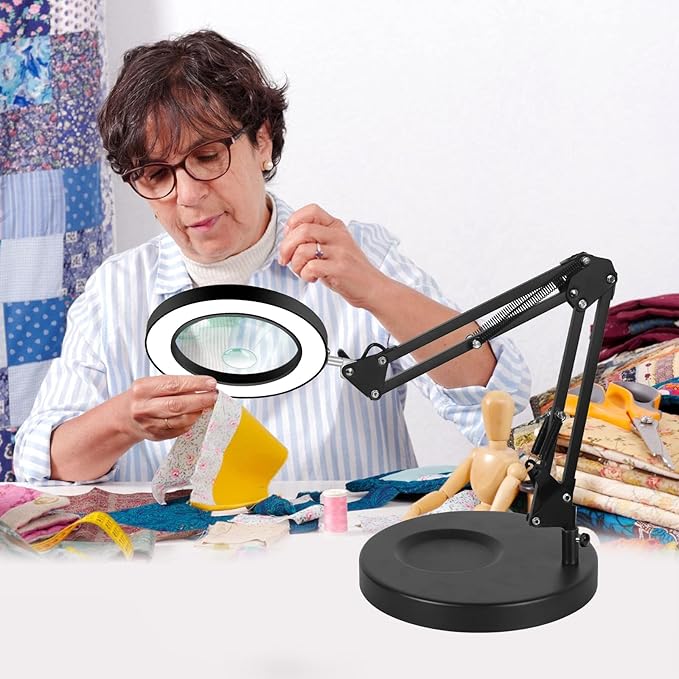 Magnifying Glass with Light and Stand,2-in-1 Lighted Magnifier Deskop lamp with Clamp,5X&10x Real Glass 3 Color Stepless Dimmable Magnifying Desk Lamp for Close Works Reading Crafts Hobby Soldering