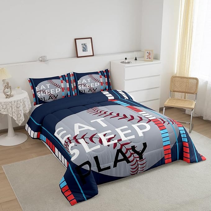 Baseball Comforter Set Sports Game Bedding Set for Boys Girls Baseball Gaming Blue Stripe Comforter Gift for Baseball Softball Lover Room Decor Full Size Quilt Boys