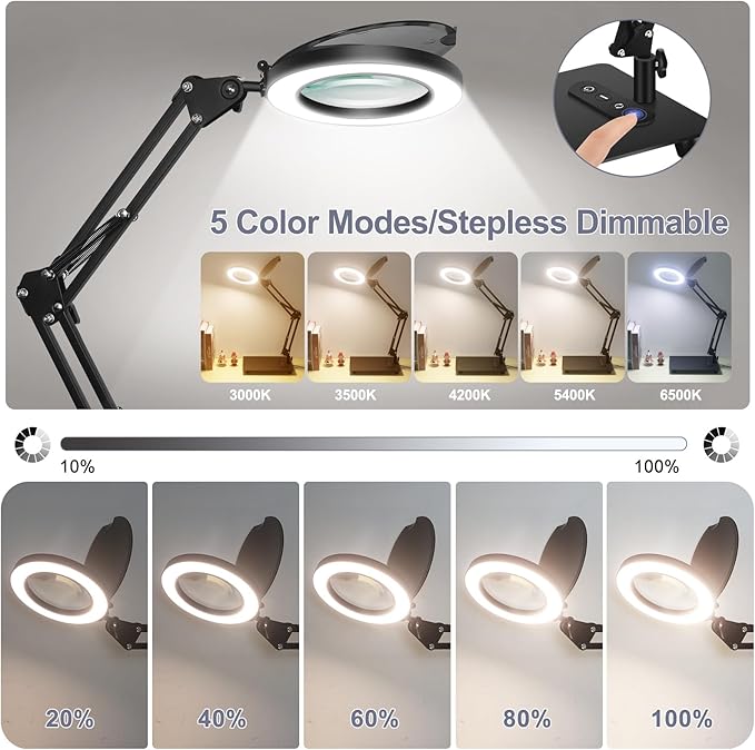 Magnifying Glass with Light with Base Controler, 5 Color Modes Stepless Dimmable LED Lighted Desk Lamp,Magnifying Glass with Light and Stand, Hands-Free Desk Magnifier Light for Craft Hobby Painting