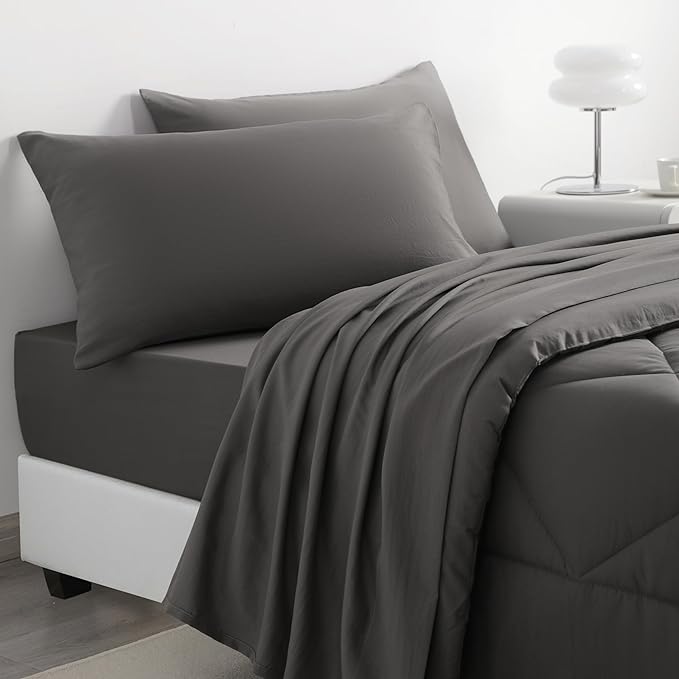 NTBAY Twin Comforter Set with Sheets, 5 Pieces Soft and Breathable Twin Bedding Set, Twin Bed in a Bag, Down Alternative Comforter Set Solid Color All Season, Kids Bedding Set, Dark Grey