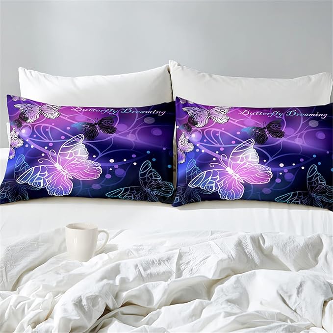 3D Butterfly Comforter Set Full Size for Girls Teens, 3Pcs Purple Animals Pattern Printed Bedding Set for All-Season, Lightweight Soft Breathable Bedroom Fantasy Quilt with 2 Pillowcases