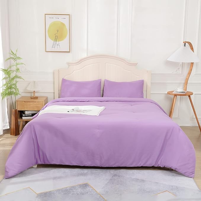 Lavender Purple Comforter King Size, Modern Bedding Set for Girls/Women, Cute Soft & Lightweight Chic Microfiber Bed Sets, 3 pcs-1 Comforter & 2 Pillowcases (104"x90")