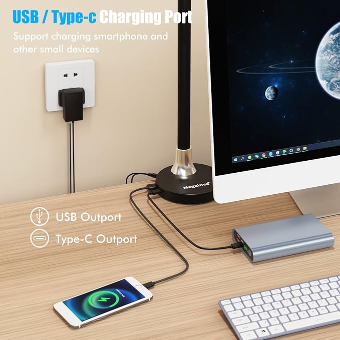 Megainvo LED Desk Lamp with Clamp, 24W Desk Light w/Timer & USB Charging for Home Office, Eye-Care Desk Lamps 5 Color Modes Stepless Dimming Adjustable Table Light for Monitor Work Study Reading