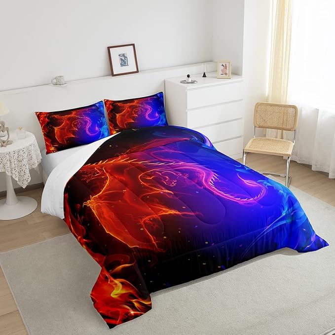 Erosebridal Dragon Comforter Set Nebula Bedding Set Queen Size Mysterious Outer Space Quilted Duvet Trippy Duvet Set for Kids Boys Girls Teens Young Man Room Decorative, Blue Red