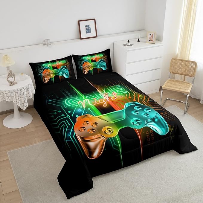 Feelyou Gamer Comforter Kids Gaming Video Game Comforter Set for Boys Teens Noverlty Modern Gamepad Bedding Set Breathable Gamer Console Bedding Duvet Set Bright Orange Green Room Decor Twin Size