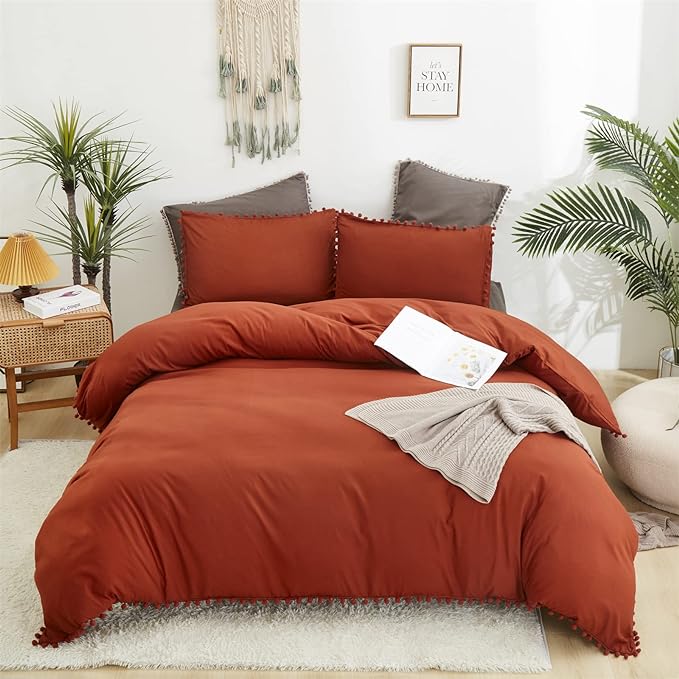 Burnt Orange Comforter Set King Size Rust Pom Comforter 3 PCs Burnt Orange Boho Ball Pom Fringe King Comforter Bedding Set Women Solid Terracotta King Bed Comforter Set All Season Gift