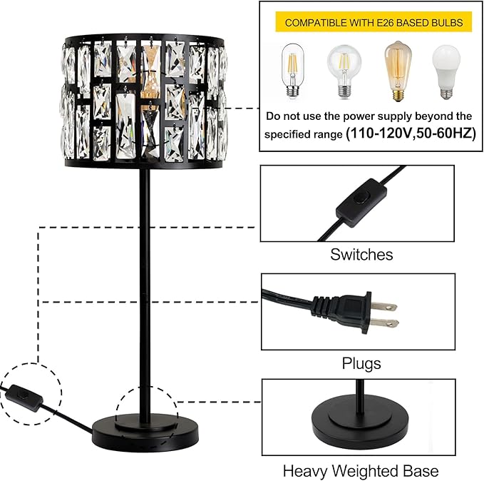 Modern K9 Crystal Table Lamp Desk Lamp 26" Tall for Bedroom Reading, Living Room, Office