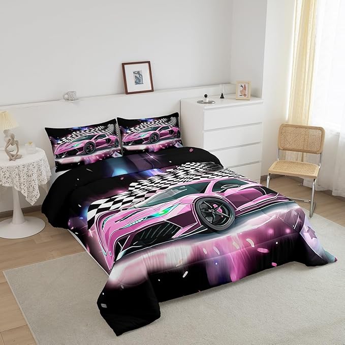 Pink Race Car Bedding Set King Size,Racing Flag Black White Lattice Duvet Cover with 2 Pillowcases,Extreme Sport Game Comforter Cover for Kids Youths Boys Girls Room Decor,Modern Quilt Cover