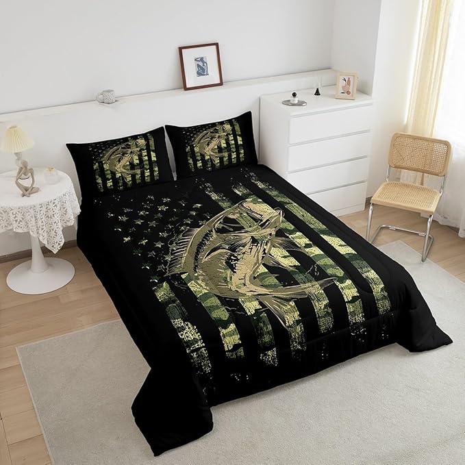Green Black Camouflage Comforter Set Fish Camo American Flag Bedding Set for Women Men Room Farmhouse Fishing Decor Comforter Wild Quilted Set 3Pcs Queen Size