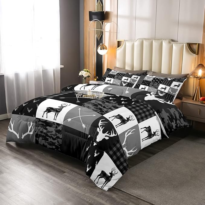 Camo Deer Boys Twin Comforter Set,Deer Antlers Silhouette Black Grey Camouflage Quilt Set for Kids Adults Room Decor,Wild Animals Hunting Adventure Rustic Comforter,Geometric Plaids Arrow Bedding Set