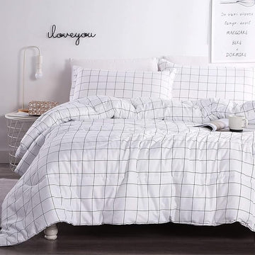 Andency White Grid Comforter Set Full Size (79x90 Inch), 3 Pieces(1 Grid Comforter and 2 Pillowcases), Summer Lightweight Microfiber Down Alternative White Comforter with Black Lines