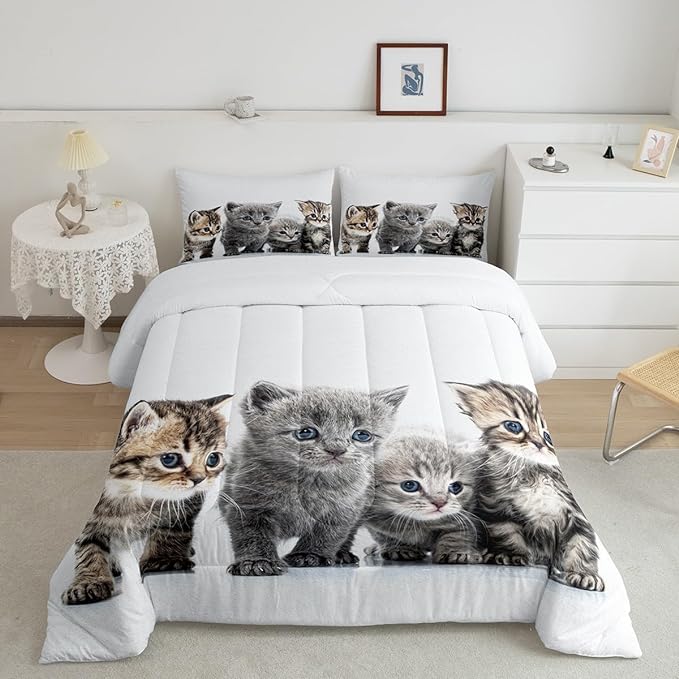 Little Cat Bedding Set Lovely Pet Cats Comforter Cat Lover's Animal Themed Design Comforter Set for Boys Girls Kids Room Decor Cute Kitten Print Duvet Set Twin Size with 1 Pillow Case