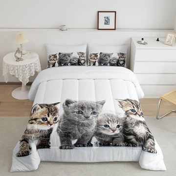 Feelyou Cat Comforter Kids Cute Cat Bedding Set Cartoon Pet Cats Comforter Set for Girls Boys Cute Kitten Room Decor Cat Lovers Kawaii Animal Quilt King Size with 2 Pillow Case Boys