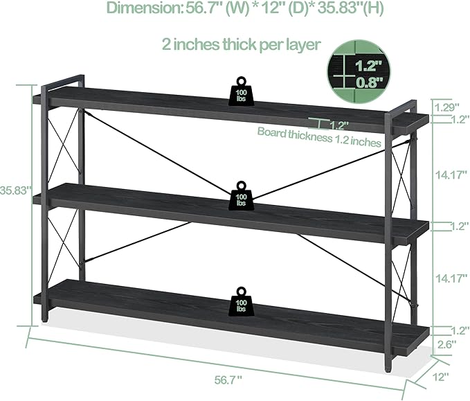 HCHQHS Bookshelf, 3-Tier Long Industrial Bookcase, Black Open Book Shelf, Freestanding Horizontal Bookshelves with Metal Frame