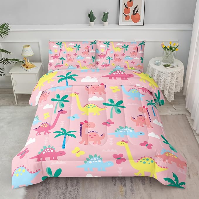 Axolotl Cute Dinosaur Comforter Set Queen,Colorful Dinosaur Girls Bedding Set,Dinosaurs Print Comforter Sets Botanical Palm Trees,Butterfly Bedding Set for Kids Girls Teens,1 Quilt 2 Pillowcases,Pink