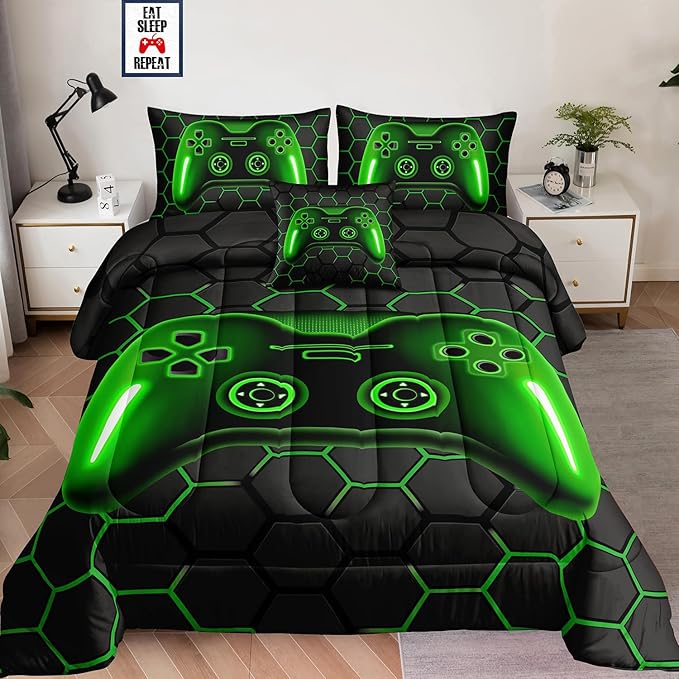 6 Pieces Bed in a Bag for Boys Bedding Sets Full Size,Gamer Comforter Sets for Boys Kids, Gaming Comforter Set for Boys Room Decor with Flat Sheet,Fitted Sheet,Pillowcase,Cushion Cover