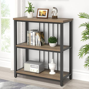 FOLUBAN Small Bookshelf and Bookcase, 3 Tier Open Book Shelf, Modern Metal and Wood Shelving Unit for Living Room Bedroom, Oak