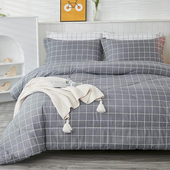 Andency Grey Grid Comforter Twin Size(66x90 inch), 2 Pieces (1 Comforter and 1 Pillowcase), Summer Lightweight Microfiber Down Alternative Bedding Comforter Sets with White Lines for Kids Boys Girls