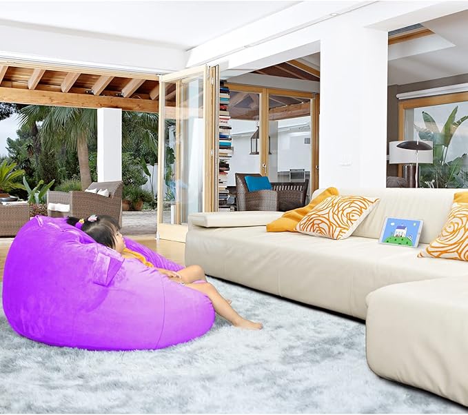 Bean Bag Chair Cover, Stuffed Animal Storage, Plush Toys Organizer Holder, Beanbag Chairs Cover for Kids Teans and Adults Super Soft and Comfortable Fabric X-Large with Handle and Zipper -Round Purple