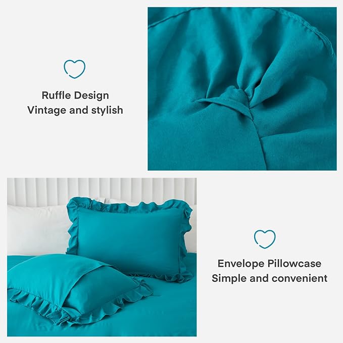 Andency Turquoise Queen Comforter Set(90x90Inch), 3 Pieces(1 Ruffle Comforter and 2 Pillowcases) Solid All Season Comforter Sets for Queen Bed, Lightweight and Fluffy Soft Microfiber Bedding Set