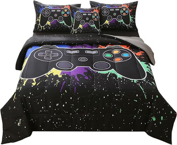 JQinHome Full Gamer Comforter Sets for Boys, 6 Piece Bed in A Bag 3D Video Game Bedding -All Season Soft Microfiber Gamer Bedding Sets, with Pillowcases, Flat Sheet, Fitted Sheet, Cushion Cover