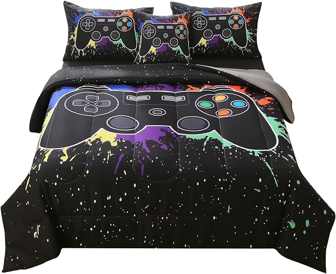 JQinHome Twin Gamer Comforter Sets for Boys&Girls ,6 Piece Bed in A Bag 3D Video Game Bedding -All Season Microfiber Gamer Bedding Sets for Kids, with Pillowcase, Flat & Fitted Sheet,Cushion Cover