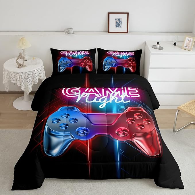 Boys Gaming Comforter Set Twin Size Teens Gamer Bedding Set Modern Blue Red Video Game Controller Comforter For Kids Children Youth Bedroom Decor Multi-Color Gamer Console Action Buttons Duvet Set