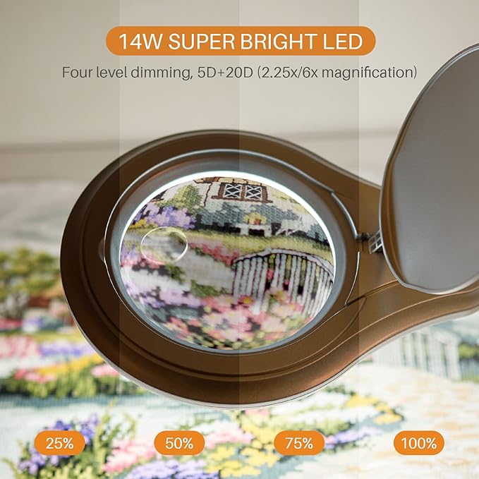 Bifocals LED Magnifying Lamp with Clamp, 5 Diopter with 20 Diopter, 5 Inch Magnifier Glass Lens, 1200 Lumens Dimmable Magnifier Lamp for Desk Craft Hobby with 60PCS Bright LEDs