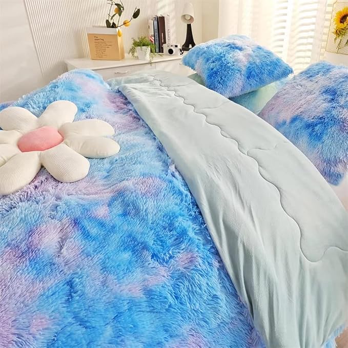 Faux Fur Kids Girls Blue Rainbow Comforter Sets Twin/Full - 3PC Bed Set Warm Comfortable Soft Plush Flannel Velvet Fluffy Fuzzy Bedding（Comforter x 1 Pillowcases x 2）