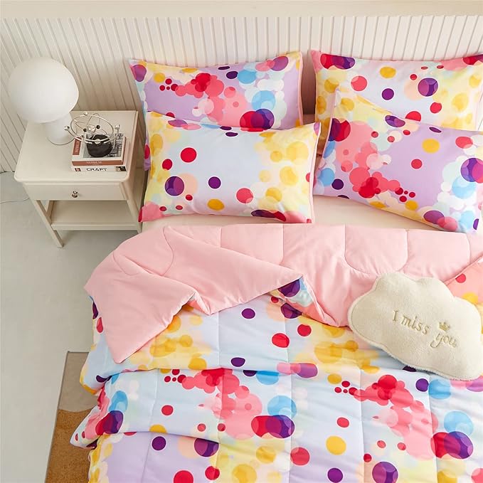 Rainbow Ombre Comforter Set Twin Size for Girls, Colorful Bubbles Polka Dots Comforter for Kids Teen, 2 Piece Orange Pink Purple Blue Gradient Pastel Bedding Set with 1 Pillow Case(Rainbow,Twin)