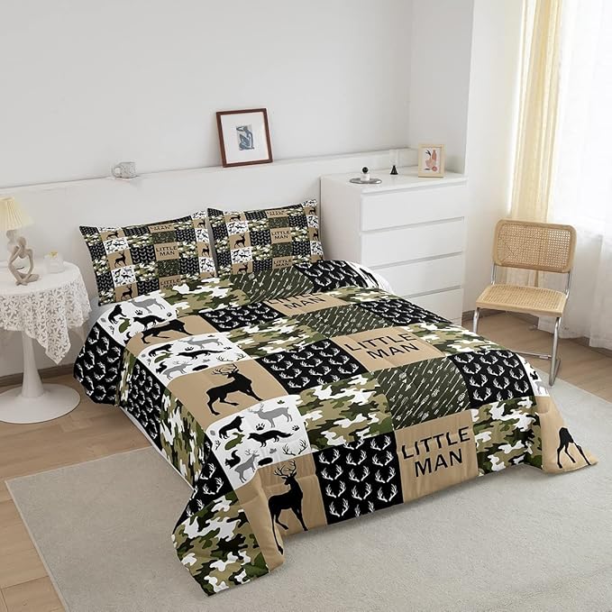 Kids Deer Antlers Animal Silhouettes Comforter Set King Size,Camo Geometric Lattices Bedding Set 3pcs for Adults Cabin Decor,Nordic Boho Arrows Quilt Set,Rustic Retro Green Duvet Insert,2 Pillowcases