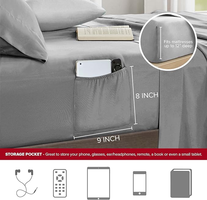 Comfort Spaces Twin XL Comforter Sets with Sheets - Bed in a Bag 6 Pieces Teen Bedding Sets Twin XL, Red and Grey Stripes Bedding Twin XL, College Twin XL Bed Set with 2 Side Pockets Bedroom Organizer