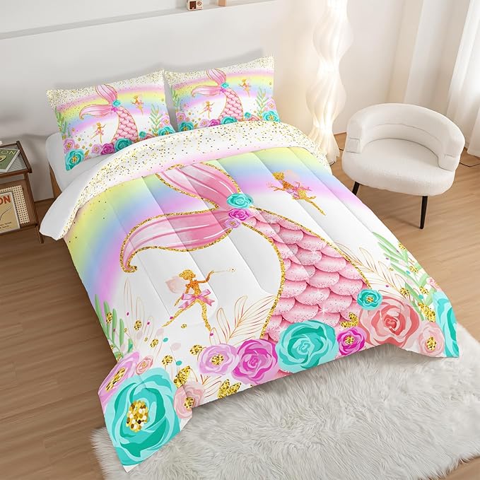 HOSIMA Mermaid Comforter with 2 Pillowcases,Girly Rainbow Bedding Set Glitter Pink Mermaid Tail Comforter Set,Flower Fairies Rose Gold Comforter Set,Floral King Size Comforter Set.