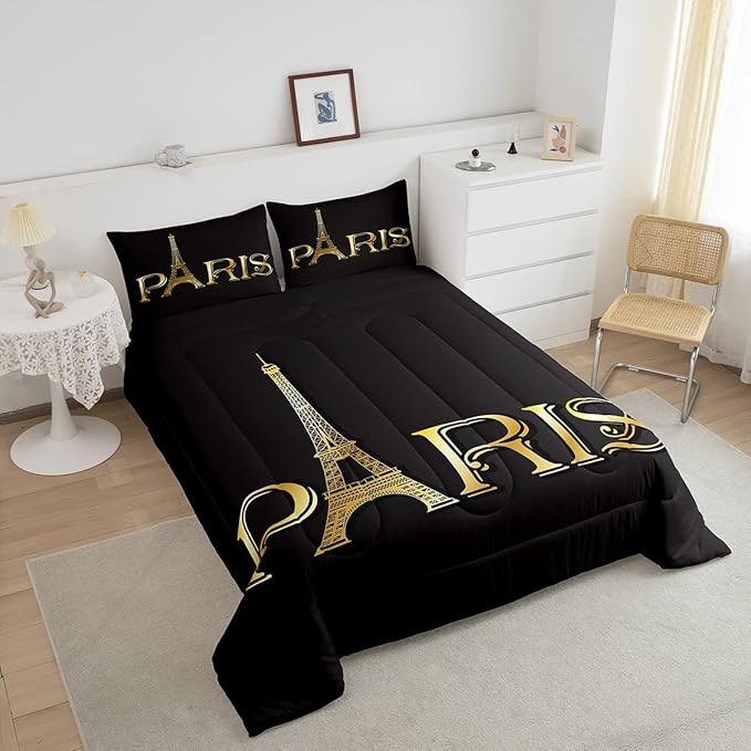 Erosebridal Eiffel Tower Comforter Set, City Building of Paris Bedding Set Queen Size, Gold Black Duvet Sets for Kids Boys Girls Teens Bedroom, Soft Microfiber Bedding Comforters with 2 Pillow Cases