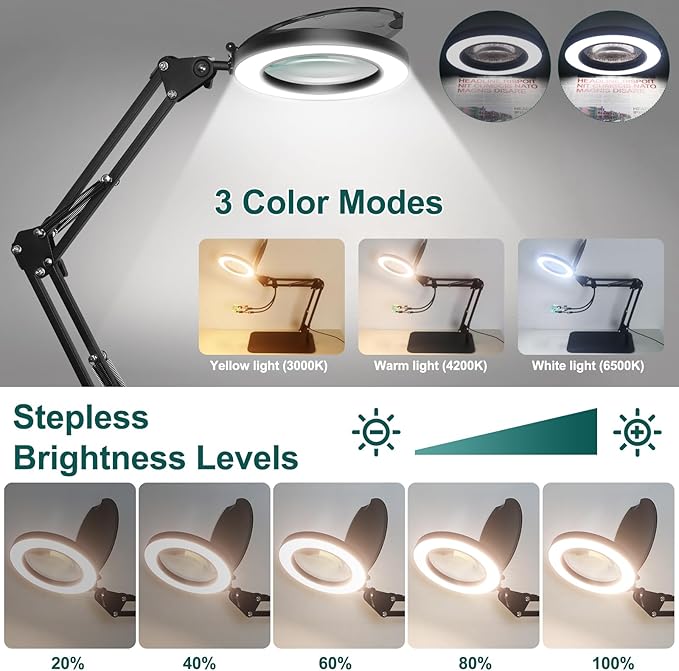 5X Magnifying Glass with Light and Stand, NAKOOS 3-in-1 Magnifying Lamp with Light, 3 Lightings Dimmable Magnifier with Anti-dust Cover and Timer, Soldering Magnifying Glass for DIY Close Work