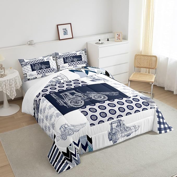 Feelyou Kids Construction Comforter Set King Size Equipment Trucks Bedding Set for Boys Cartoon Car Excavator Tractor Comforter Construction Vehicles Plaid Grid Blue and White Duvet Set