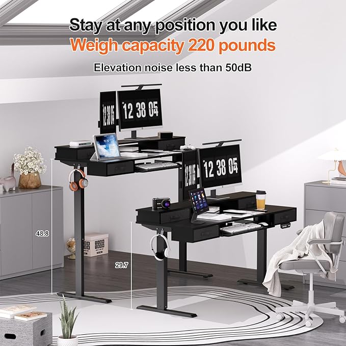 Electric Standing Desk, Multifunctional Standing Desk Adjustable Height, 63 * 24 Standing Desk with 4 Drawers, Ergonomic Adjustable Standing Desk with Keyboard Tray, Classic Black