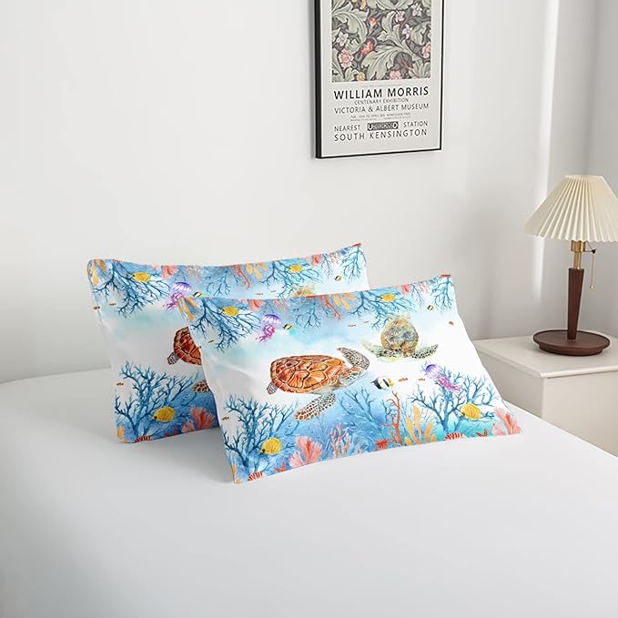 CVHOUSE Sea Turtle Comforter Set,Ocean Watercolor Sea Turtle Bedding Set for Kids Teens,Ocean Sea Turtle Comforter Sea Turtle Duvet Set Room Decor Quilt Set Full Size